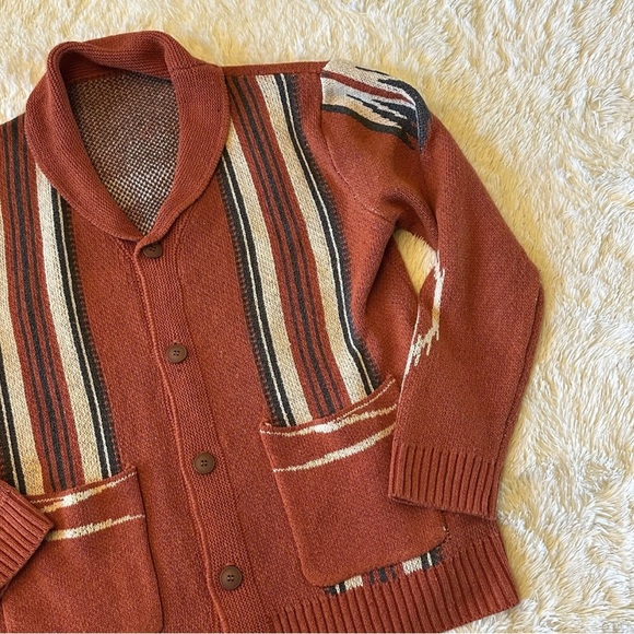 Western Cowichan Native Knit Red Shawl Collar Traditional Button Front Sweater - Picture 4 of 8